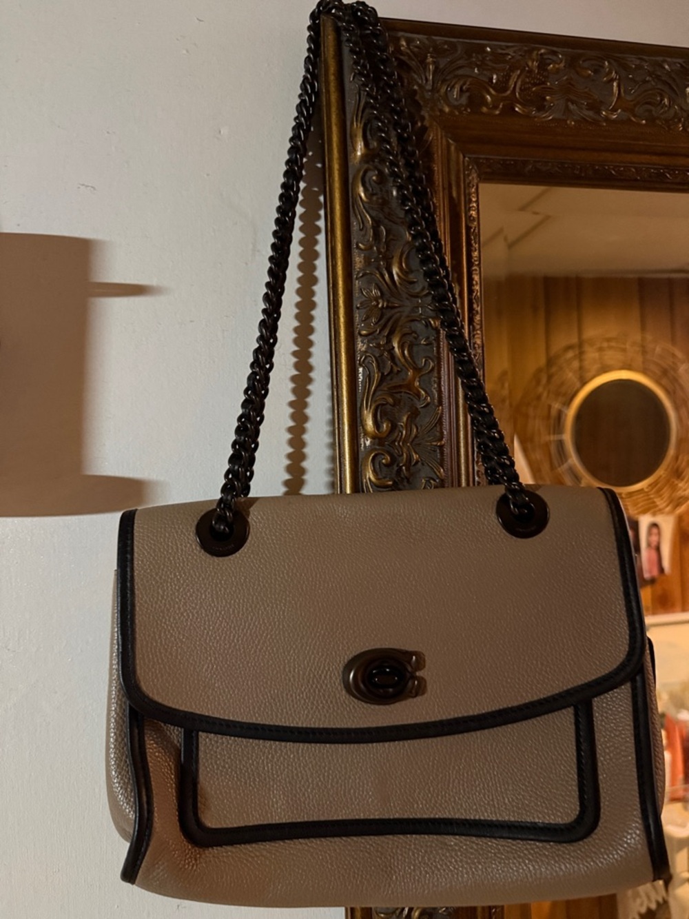 Coach Taupe Shoulder Bag with Black Trim and Chain Strap